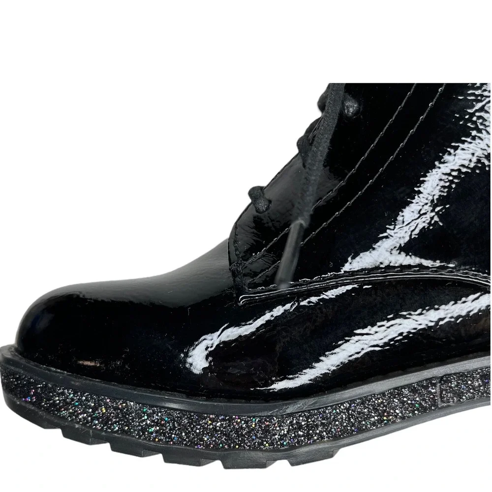 Mia Youth Girls Fashion‎ Boot Size 2Y Black Glitter Accent Faux Fur Trim Lace up